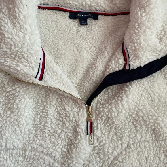 TOMMY HILFIGER Teddy Plush Sherpa Cream Fleece Quarter Zip Pullover Size Small - Picture 7 of 12